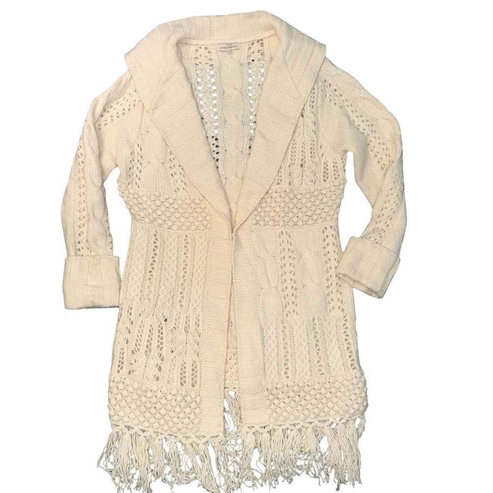 Laura Ashley wool & angora chunky fringe cable knit cream cardigan XL - Picture 9 of 13